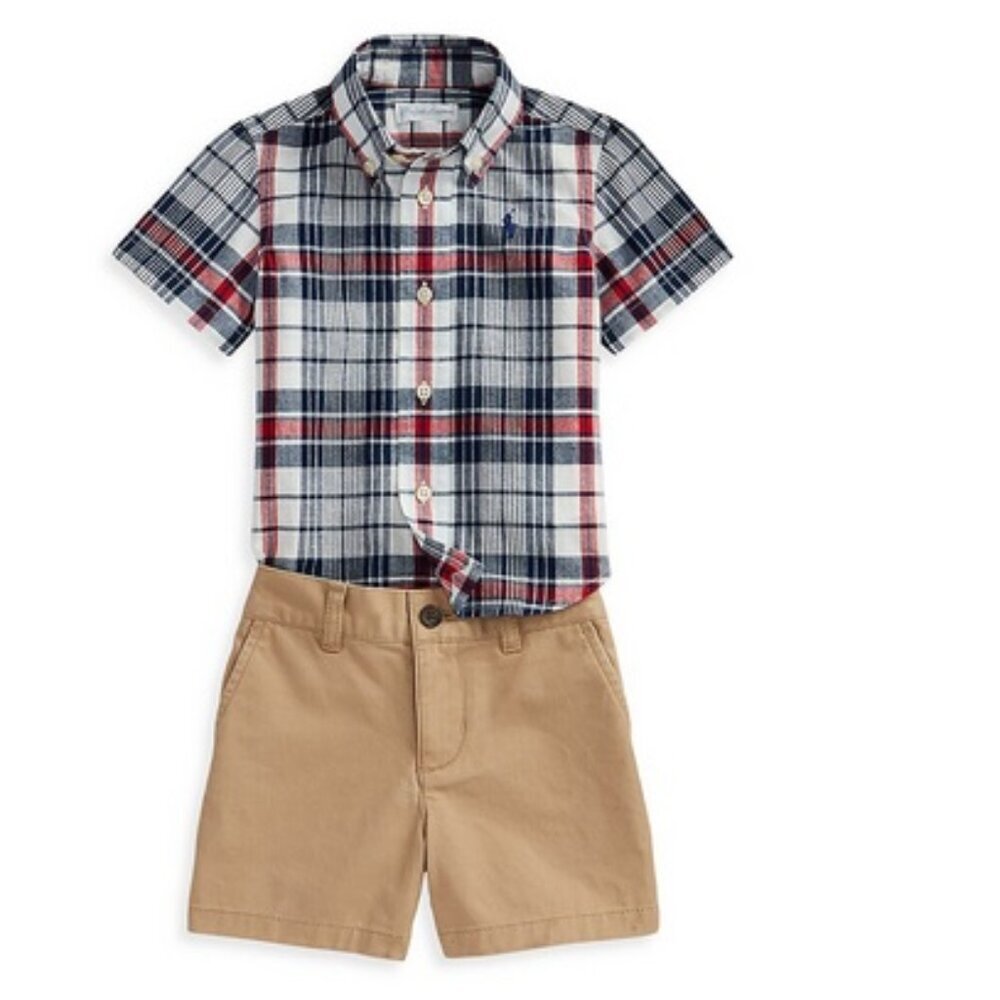 NWT Polo Ralph Lauren Baby Boys Madras Short Sleeves Shirt and Shorts Set 2 Pc